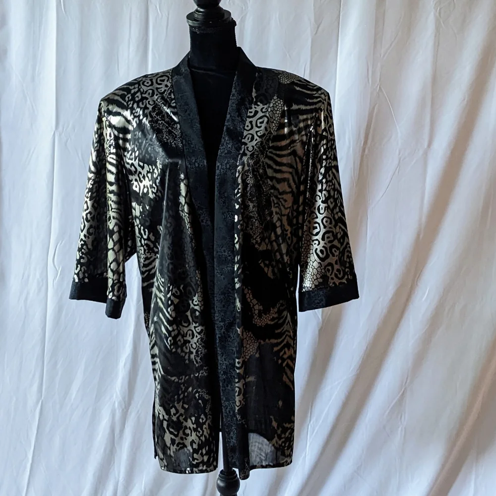 Vintage Lady Gregory Duster/Komono/Jacket Black & Animal Print Size 16W - Picture 1 of 7